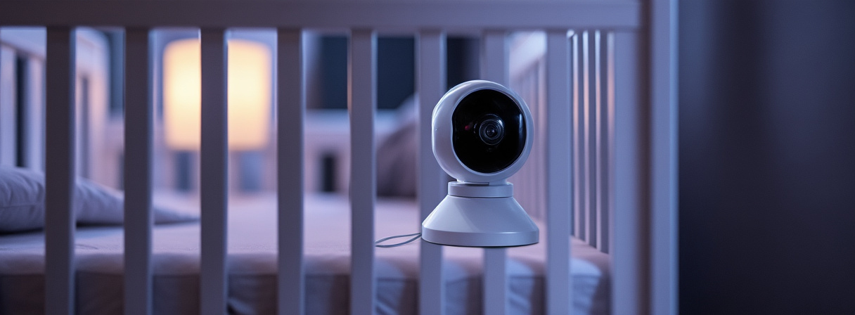 Babyphone mit schwenkbarer Kamera über einem Babybett