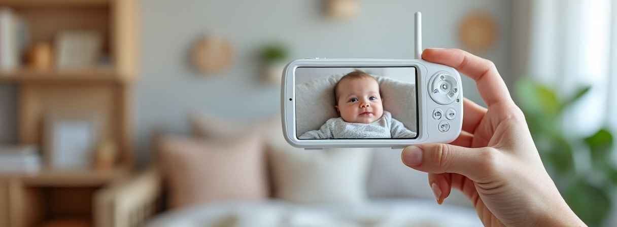 Eltern vergleichen verschiedene Babyphones auf einem Tisch
