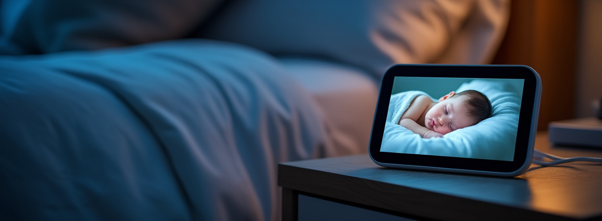 Verschiedene Video-Babyphones mit Bildschirm auf einem Tisch